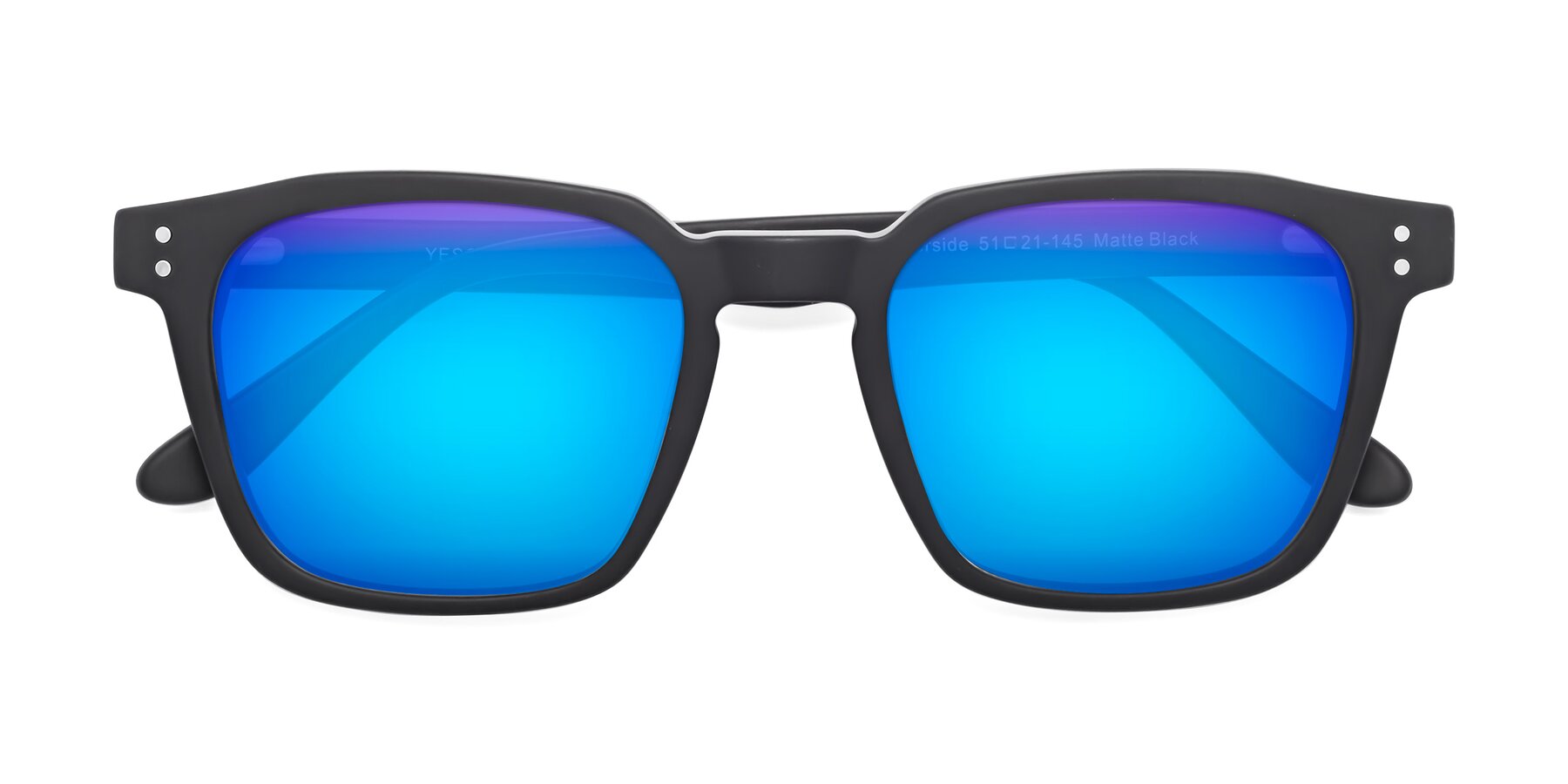Folded Front of Riverside in Matte Black with Blue Mirrored Lenses