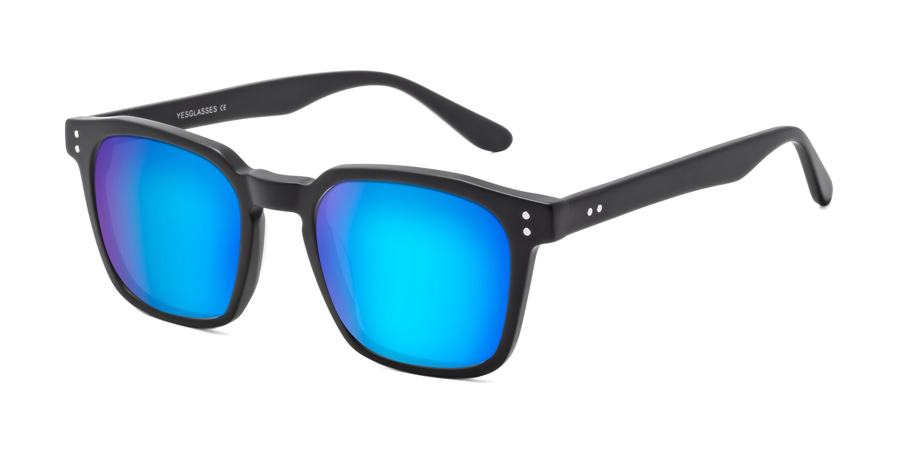 Angle of Riverside in Matte Black with Blue Mirrored Lenses