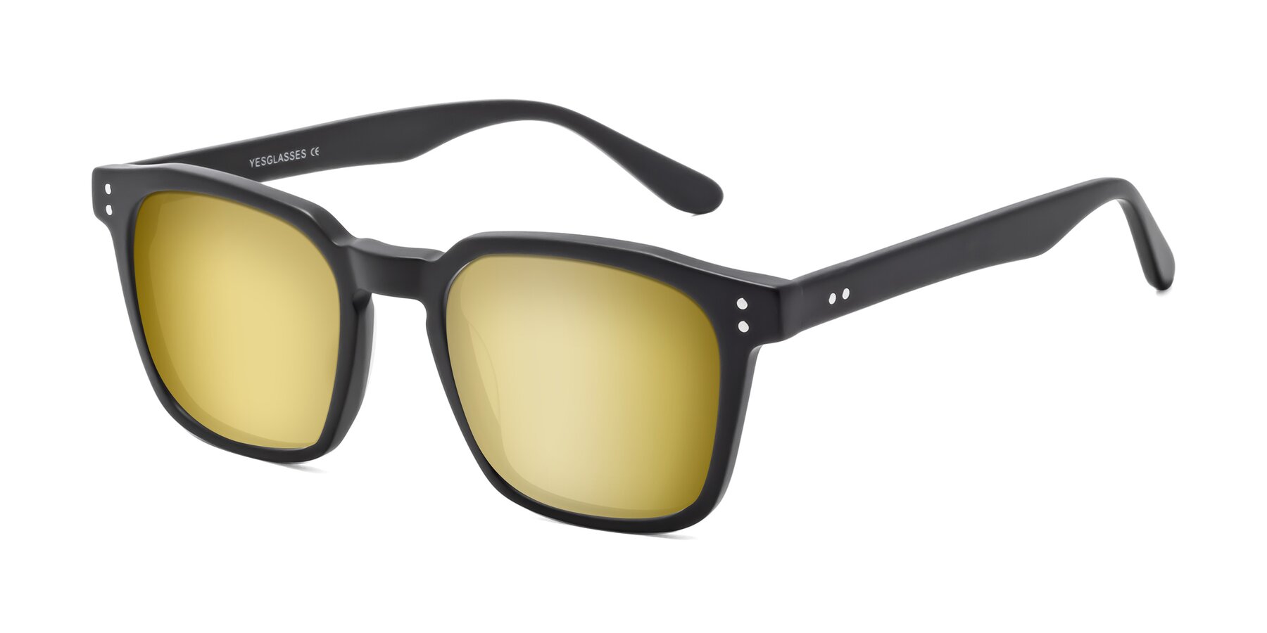 Angle of Riverside in Matte Black with Gold Mirrored Lenses