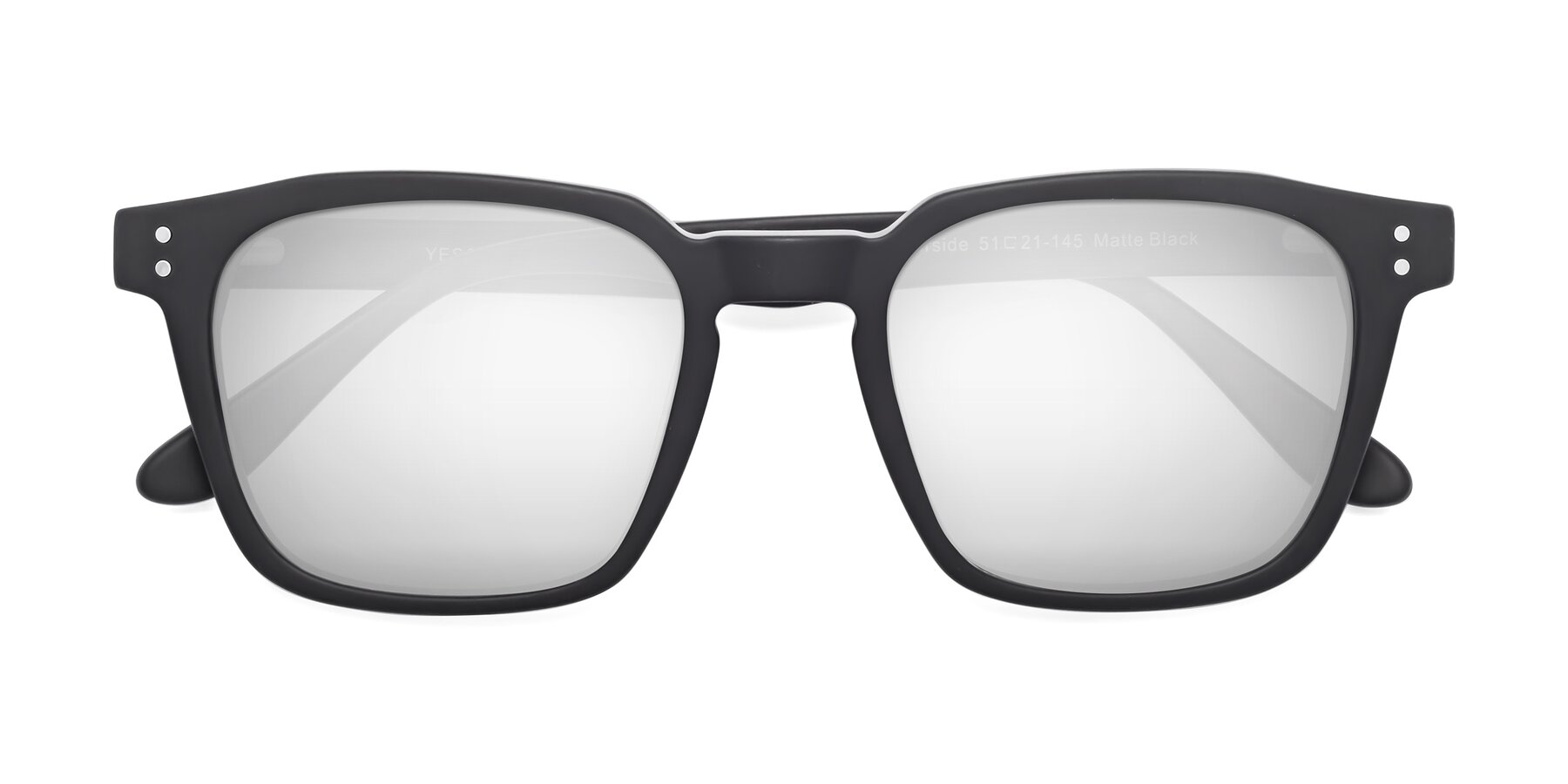Folded Front of Riverside in Matte Black with Silver Mirrored Lenses