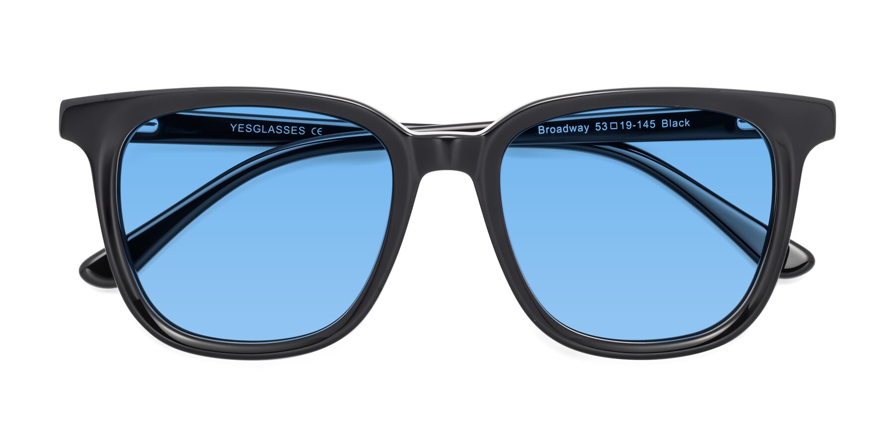 Folded Front of Broadway in Black with Medium Blue Tinted Lenses