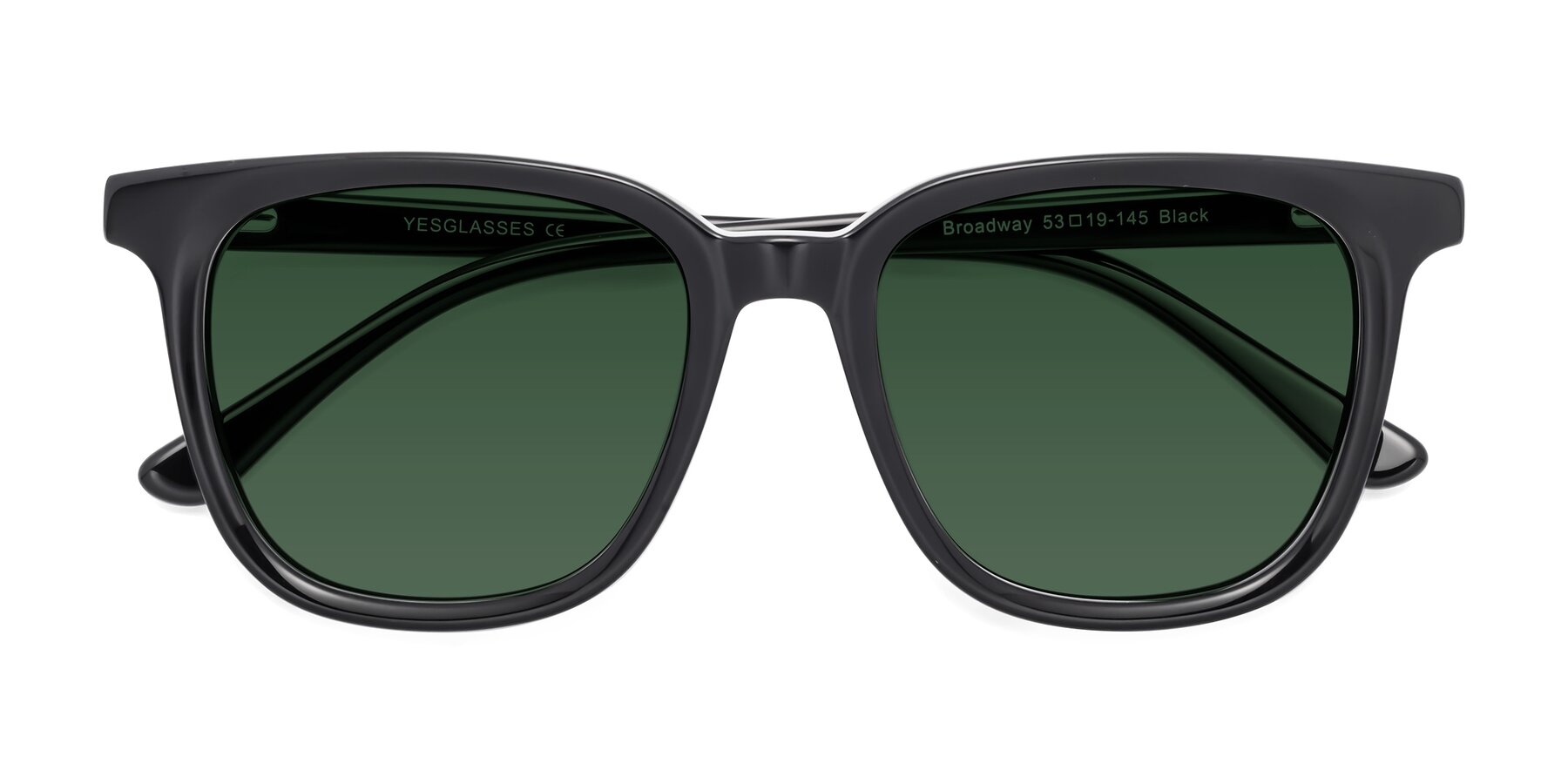 Folded Front of Broadway in Black with Green Tinted Lenses