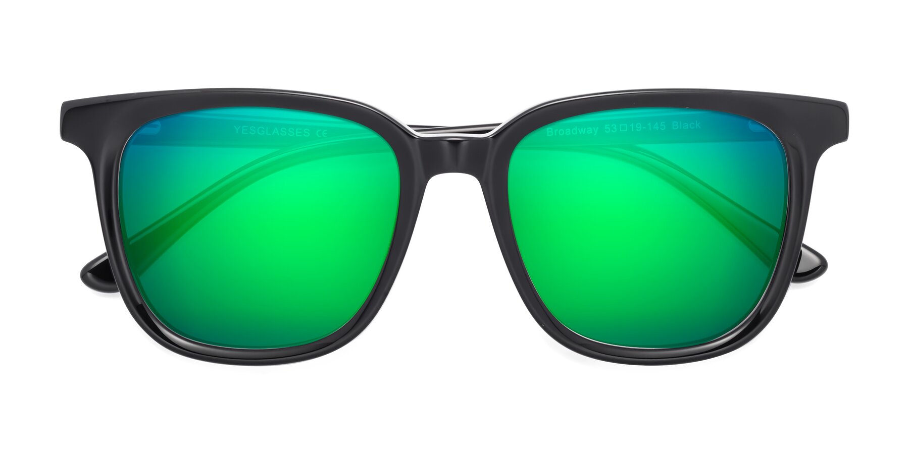 Folded Front of Broadway in Black with Green Mirrored Lenses