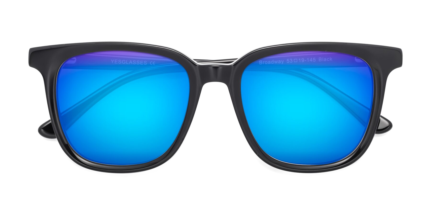 Folded Front of Broadway in Black with Blue Mirrored Lenses