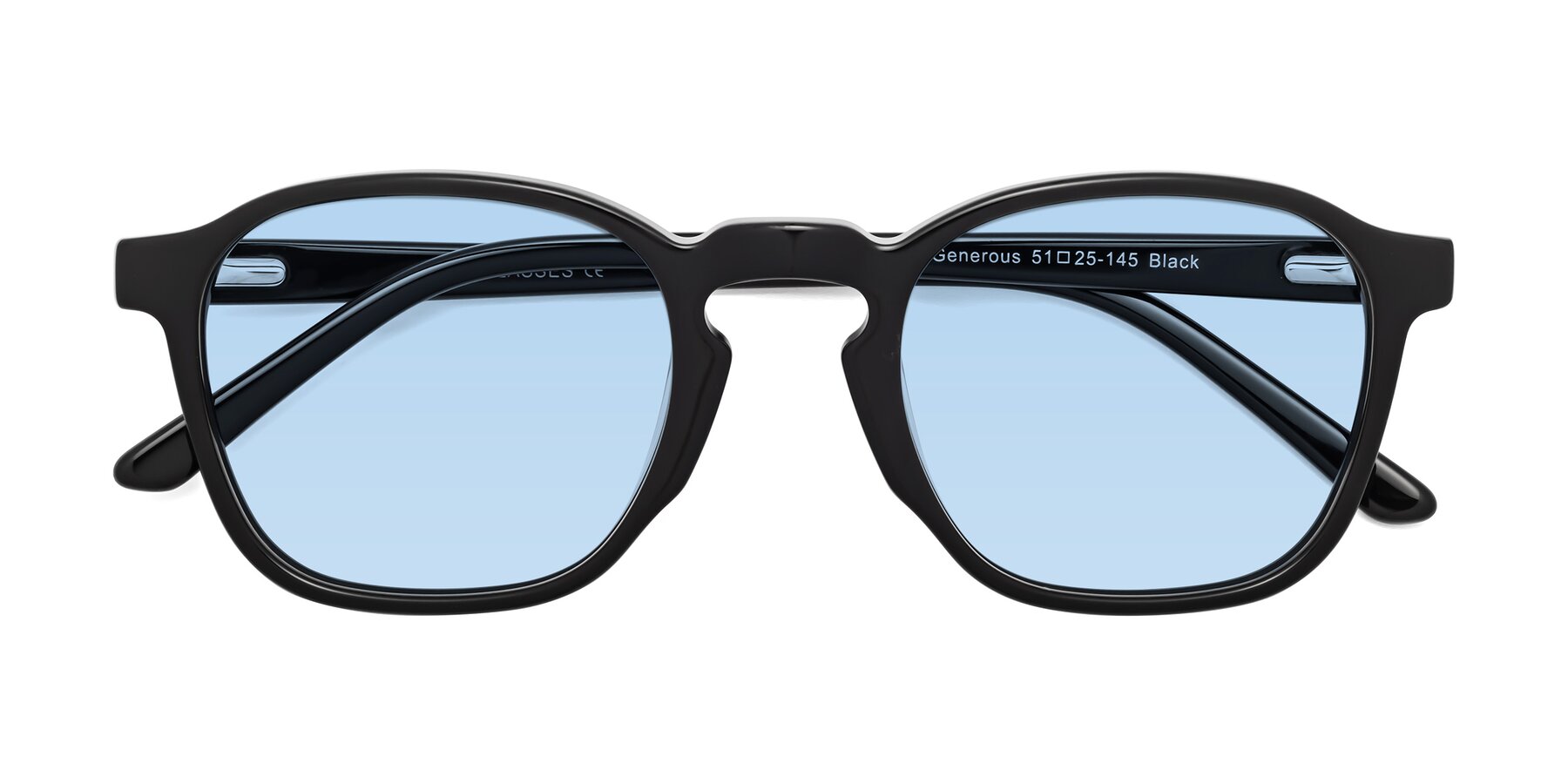 Folded Front of Generous in Black with Light Blue Tinted Lenses