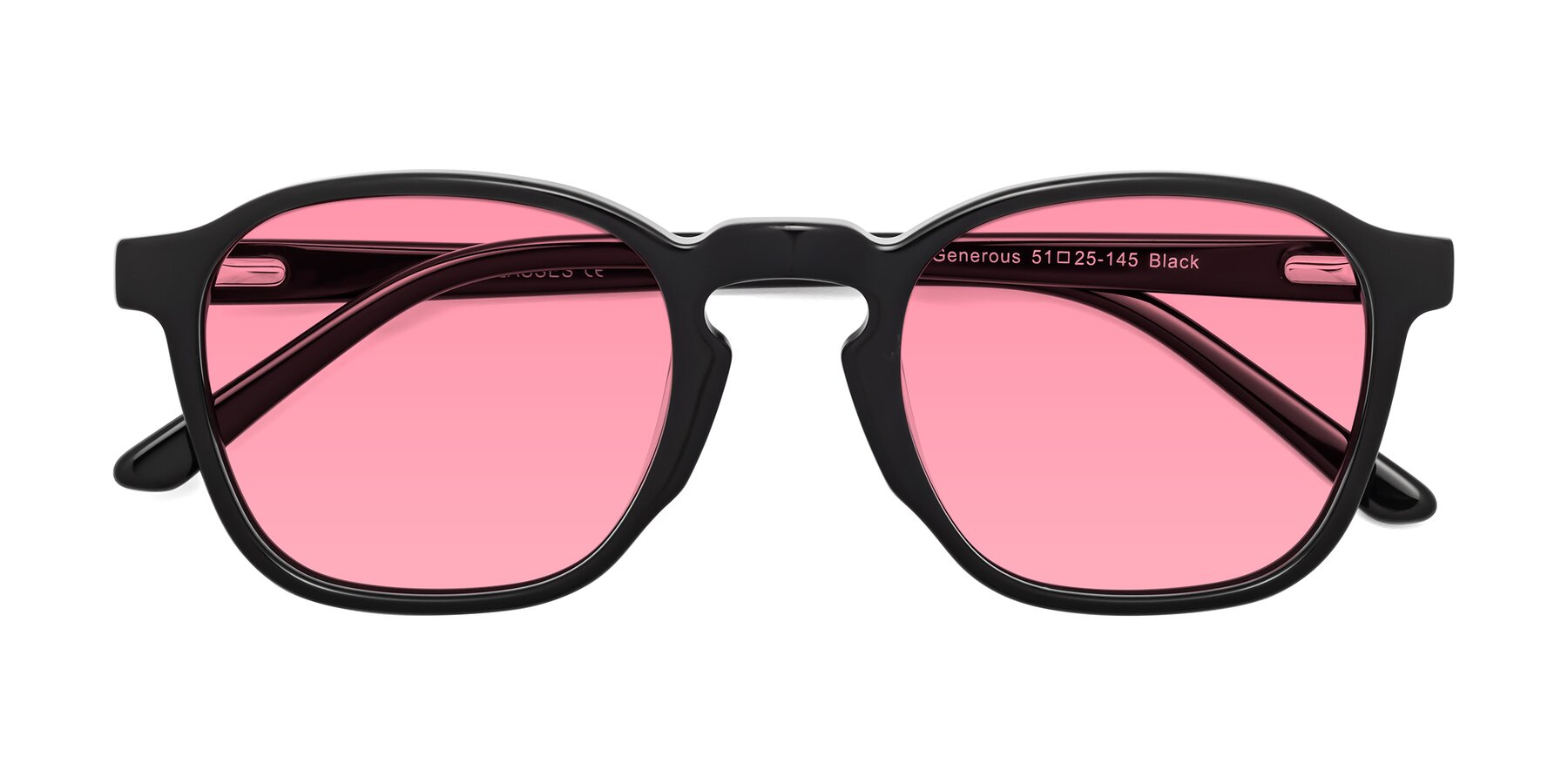 Folded Front of Generous in Black with Pink Tinted Lenses
