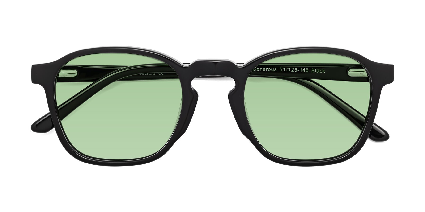 Folded Front of Generous in Black with Medium Green Tinted Lenses