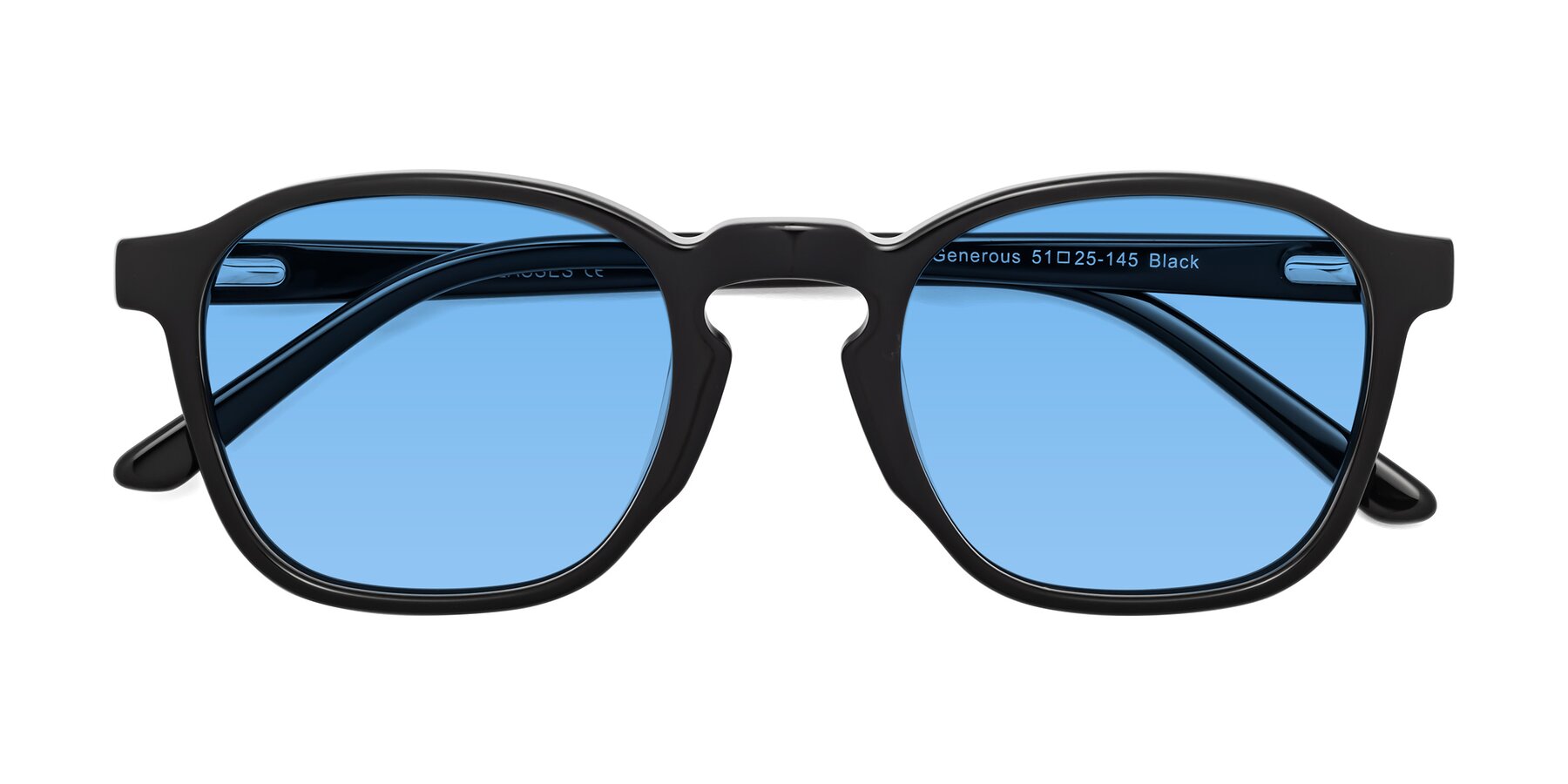 Folded Front of Generous in Black with Medium Blue Tinted Lenses