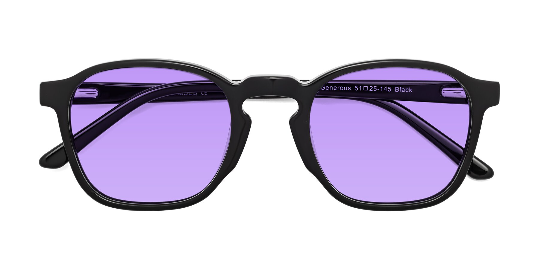 Folded Front of Generous in Black with Medium Purple Tinted Lenses
