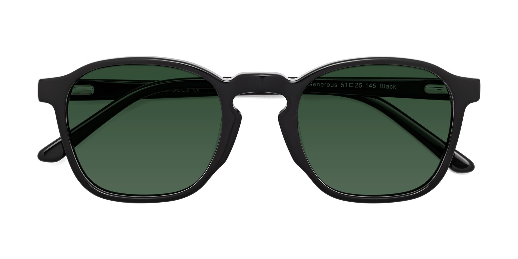 Folded Front of Generous in Black with Green Tinted Lenses