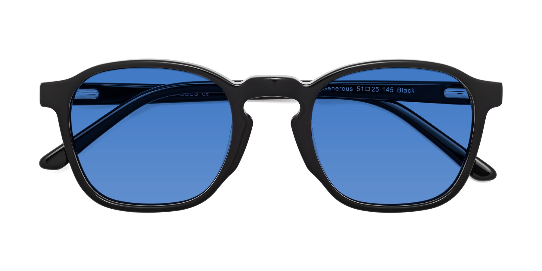 Folded Front of Generous in Black with Blue Tinted Lenses