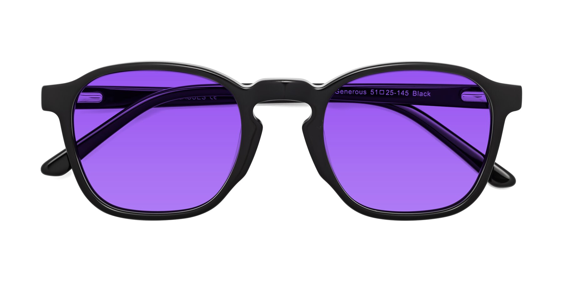 Folded Front of Generous in Black with Purple Tinted Lenses