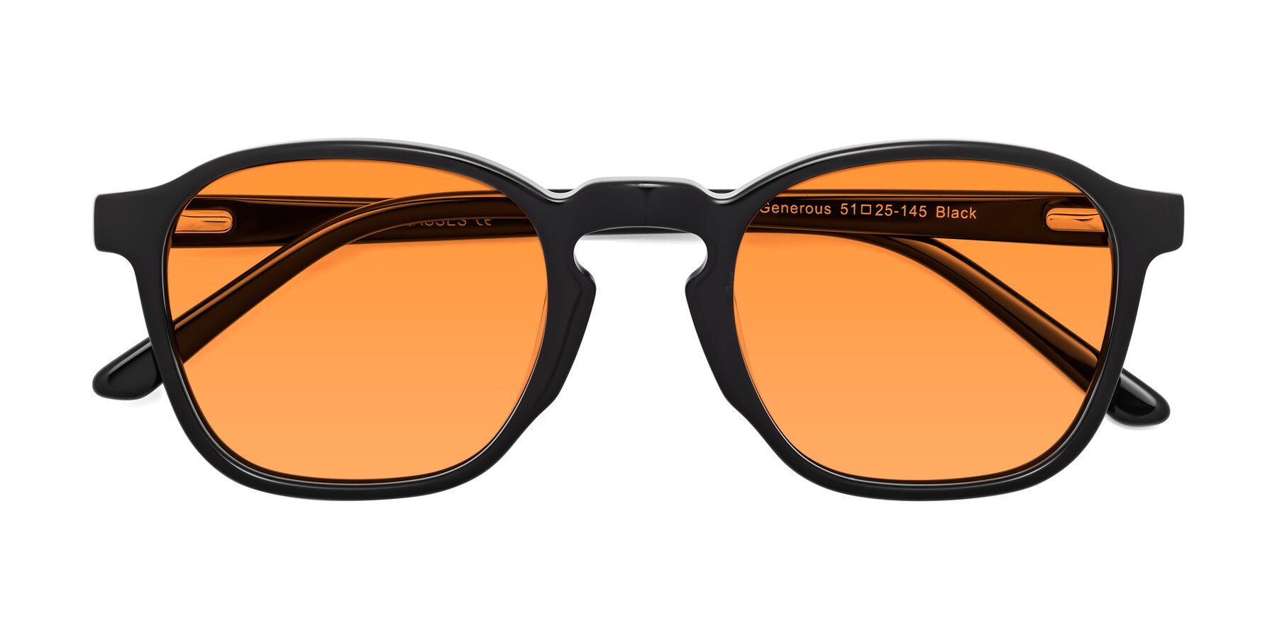 Folded Front of Generous in Black with Orange Tinted Lenses