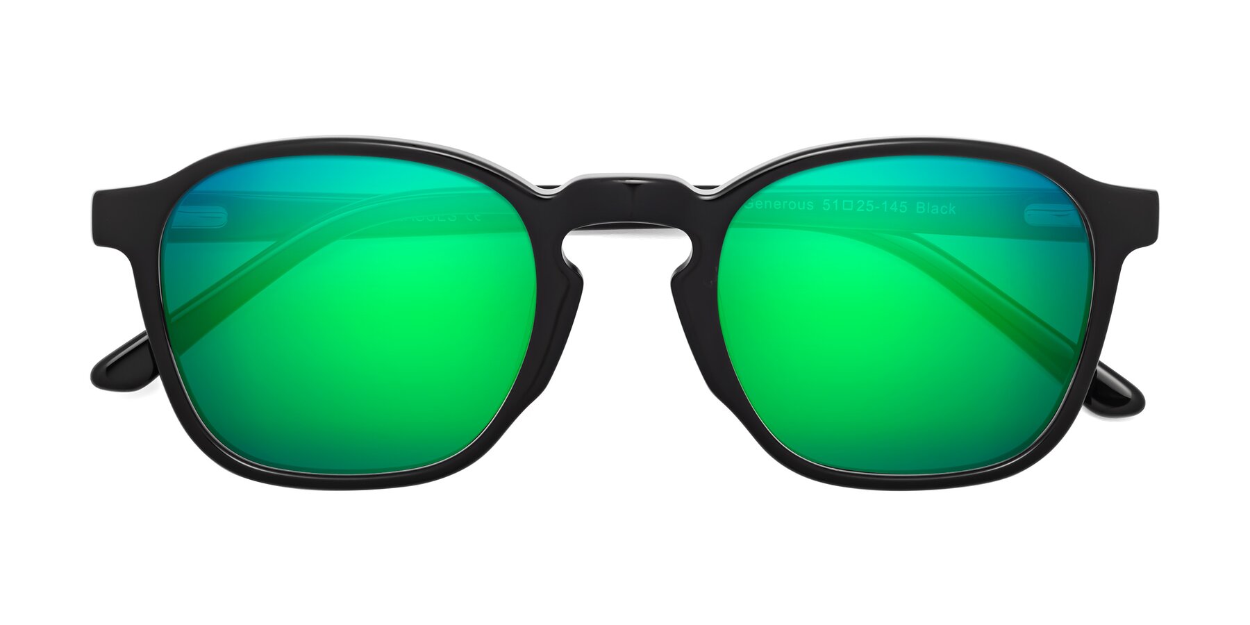 Folded Front of Generous in Black with Green Mirrored Lenses