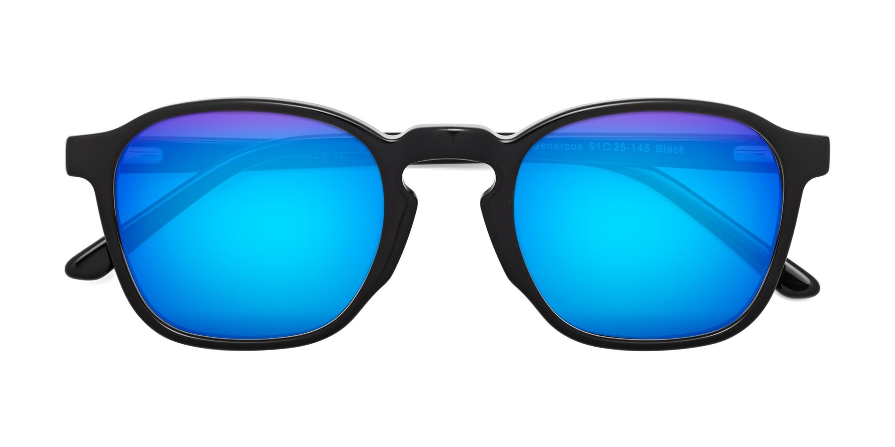 Folded Front of Generous in Black with Blue Mirrored Lenses