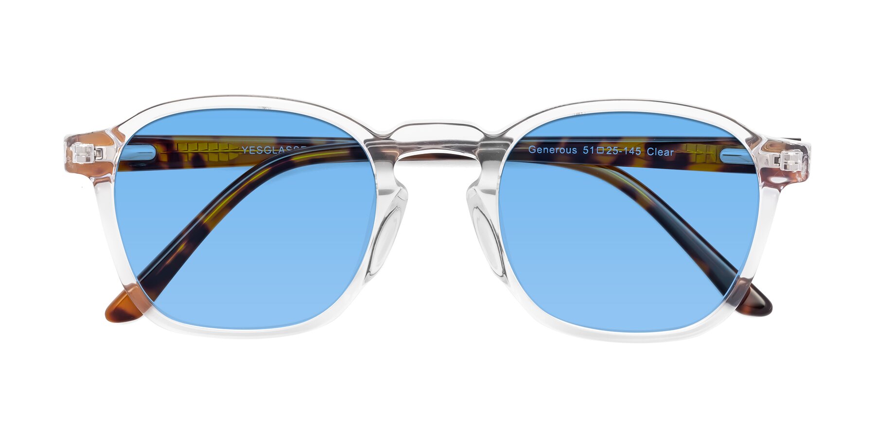 Folded Front of Generous in Clear with Medium Blue Tinted Lenses