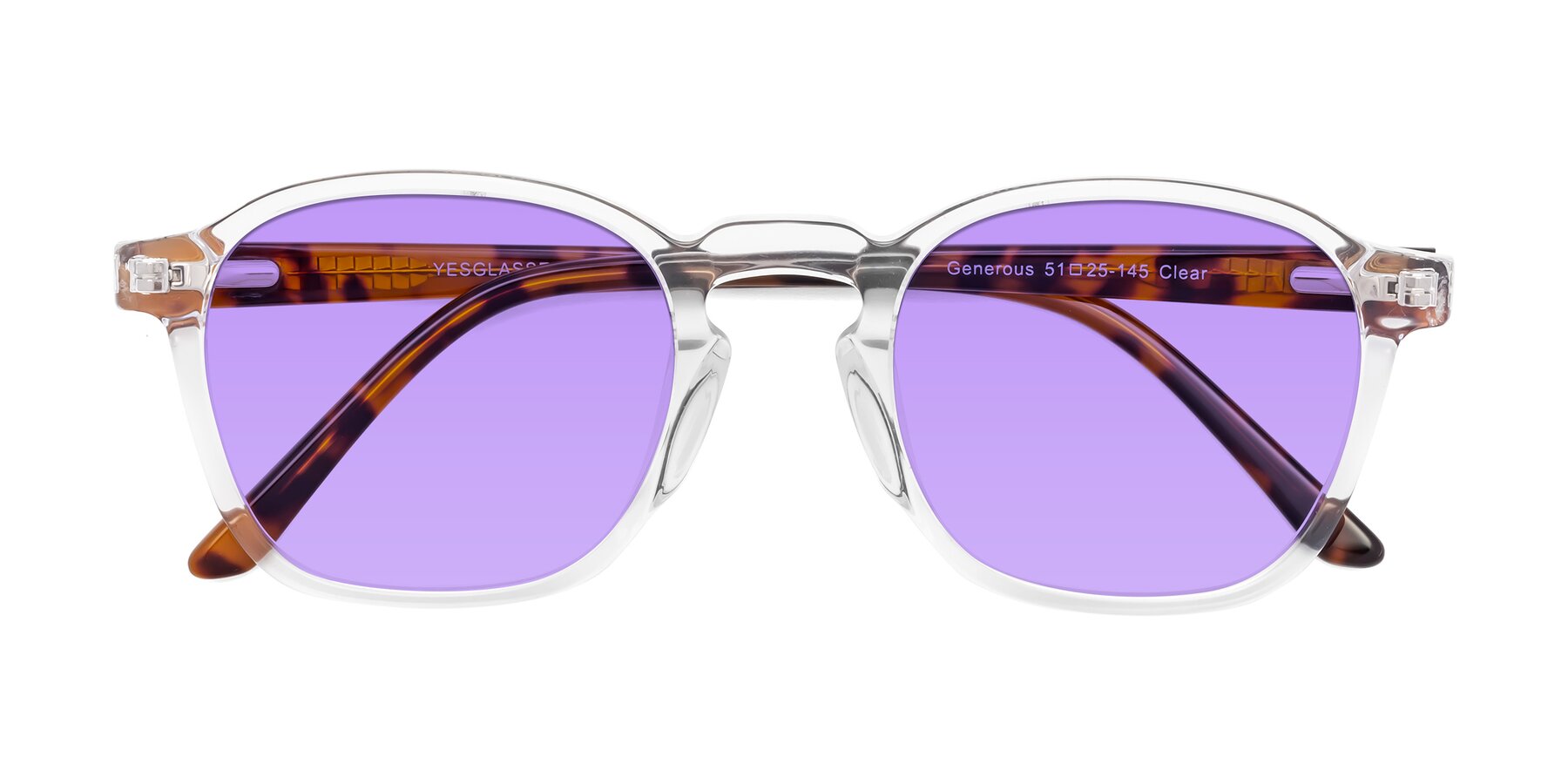 Folded Front of Generous in Clear with Medium Purple Tinted Lenses