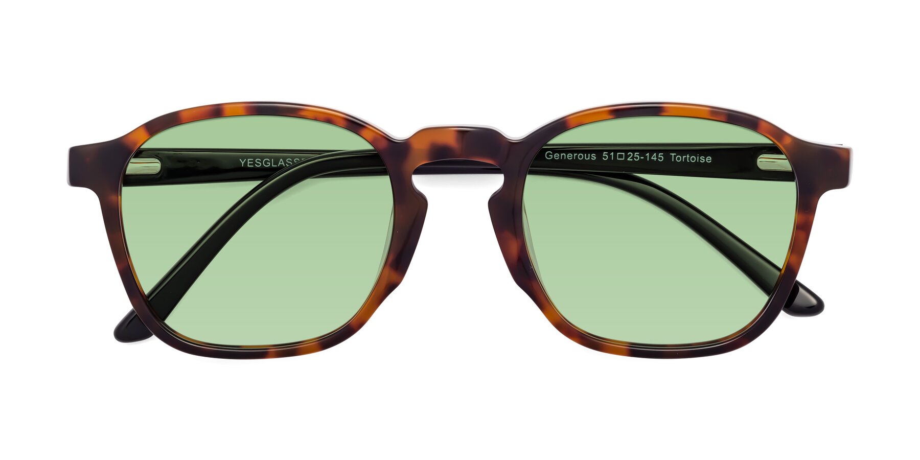Folded Front of Generous in Tortoise with Medium Green Tinted Lenses