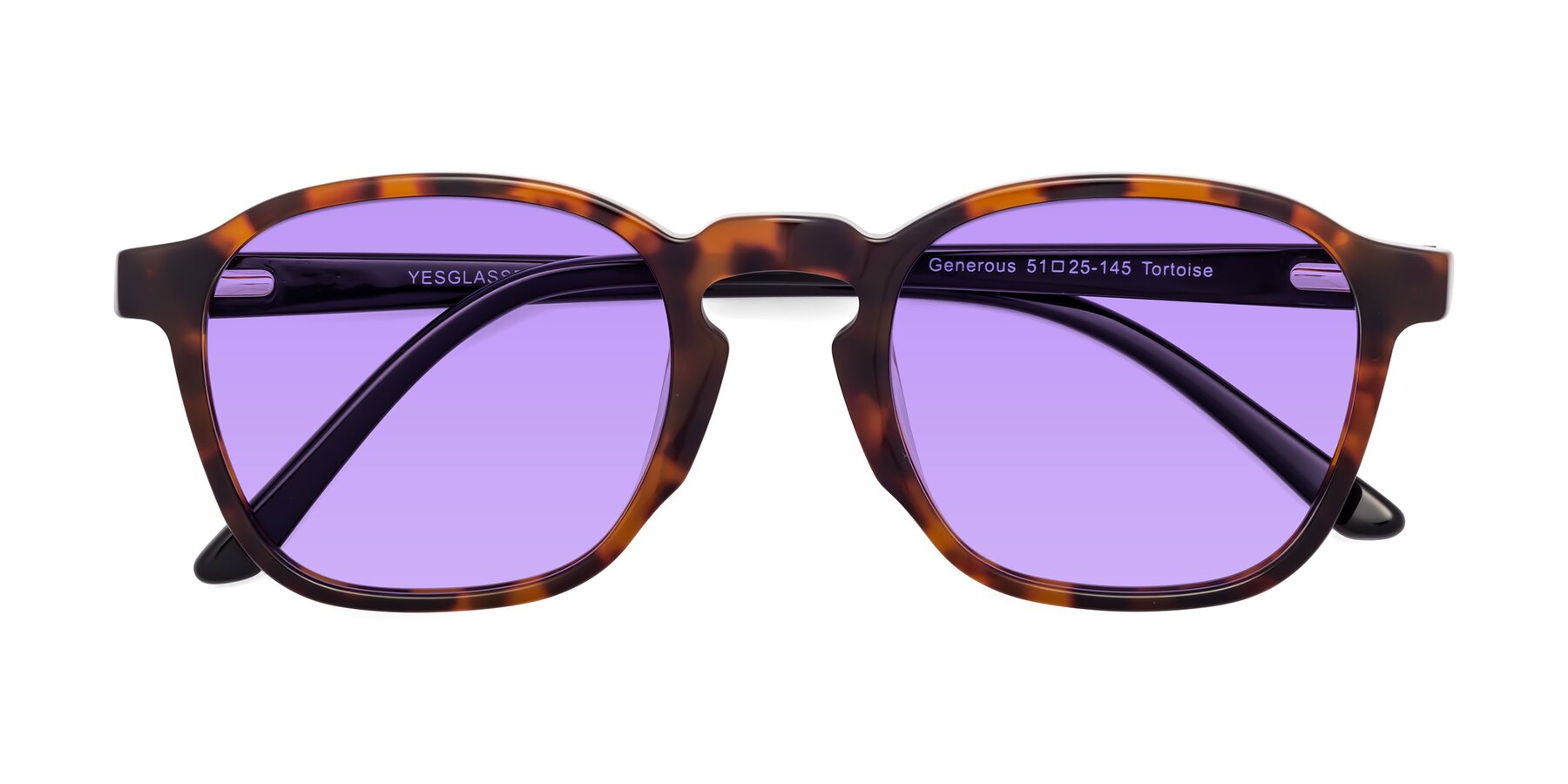Folded Front of Generous in Tortoise with Medium Purple Tinted Lenses
