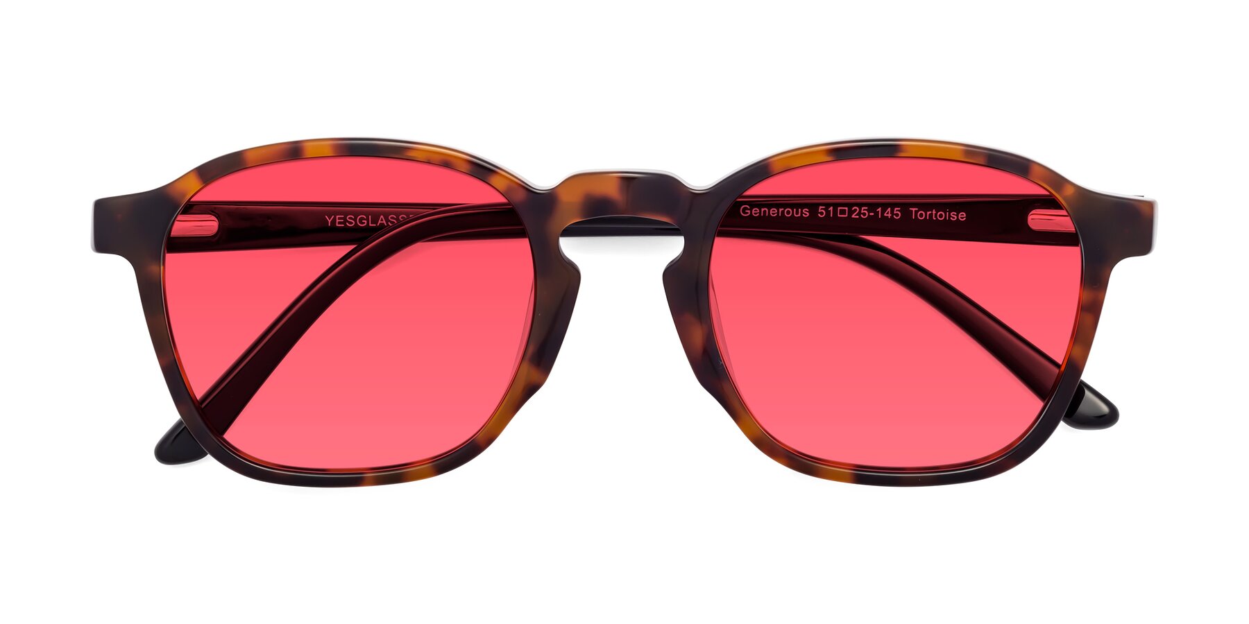 Folded Front of Generous in Tortoise with Red Tinted Lenses