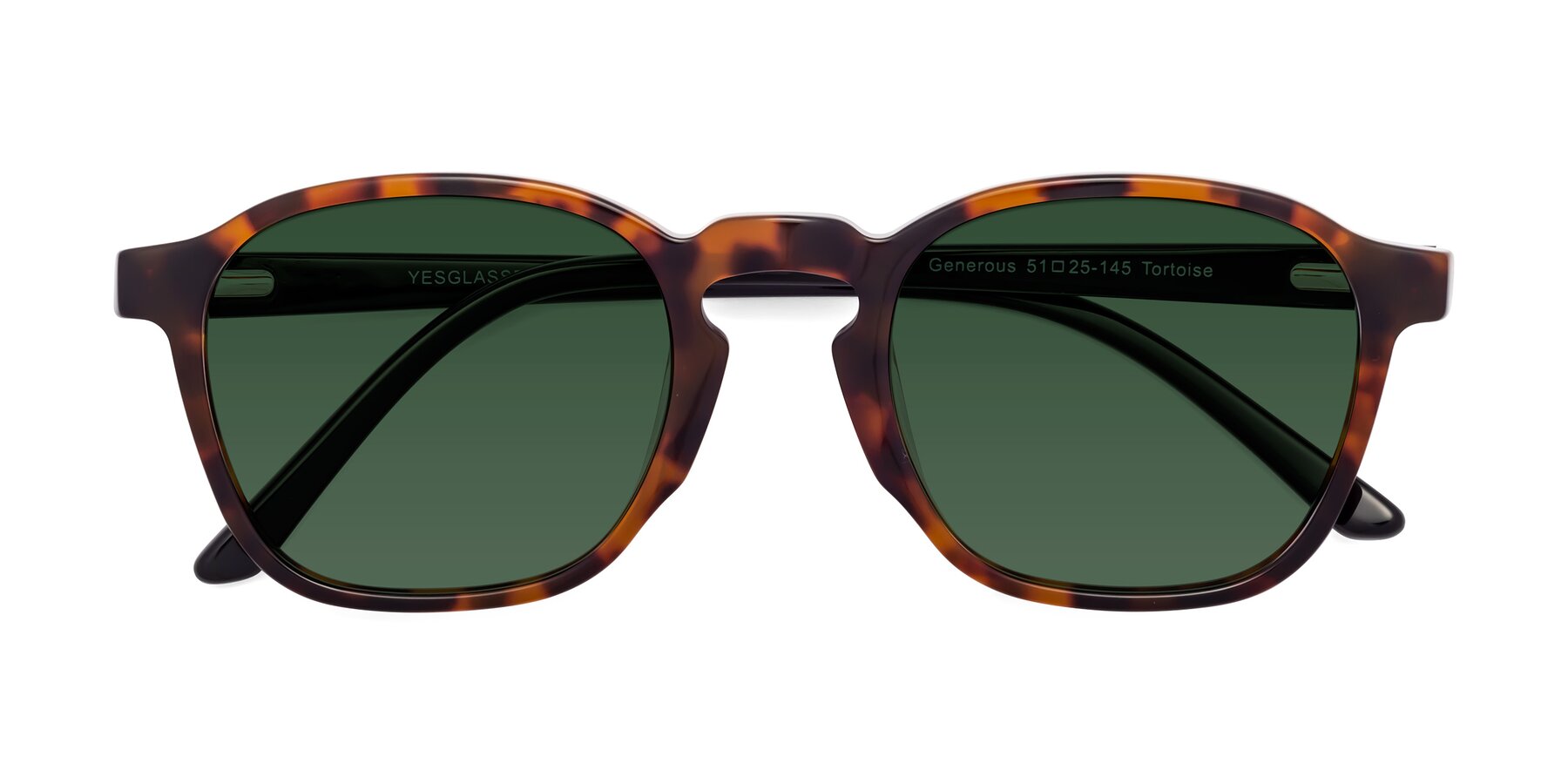 Folded Front of Generous in Tortoise with Green Tinted Lenses