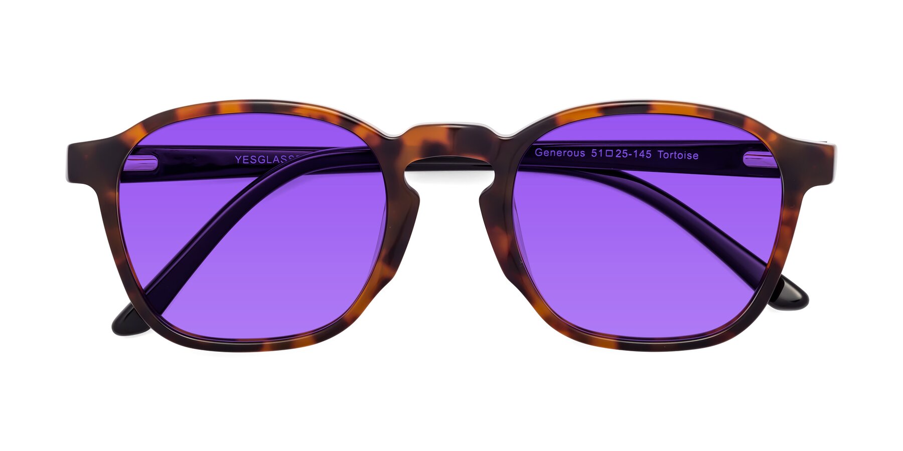 Folded Front of Generous in Tortoise with Purple Tinted Lenses
