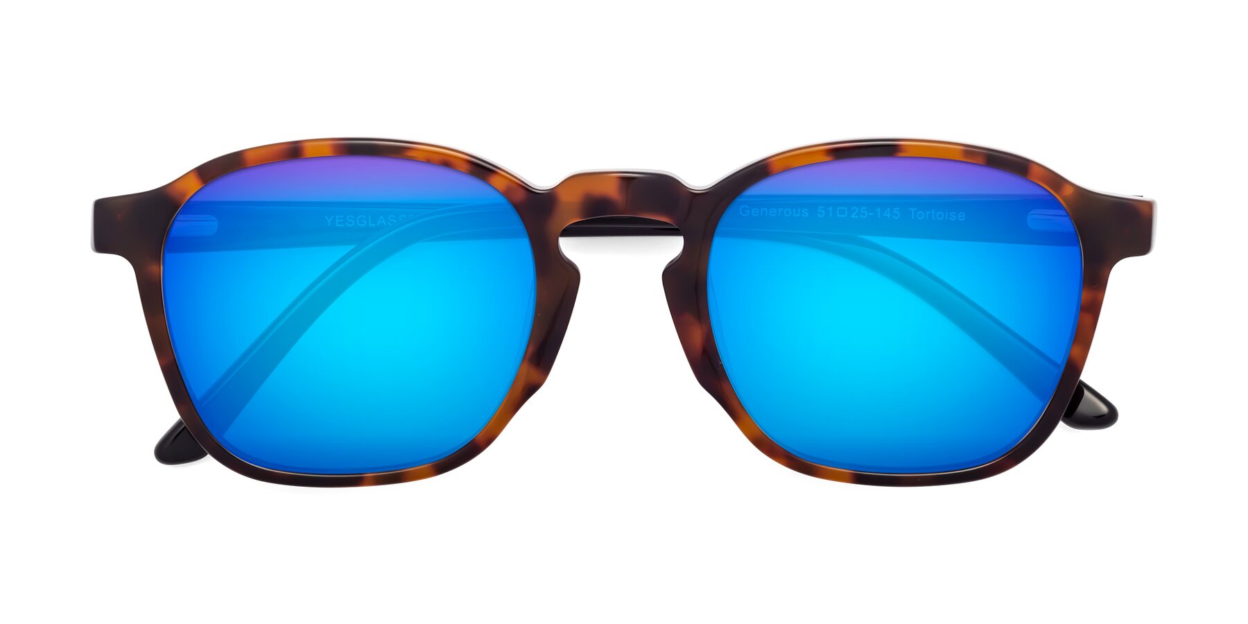 Folded Front of Generous in Tortoise with Blue Mirrored Lenses