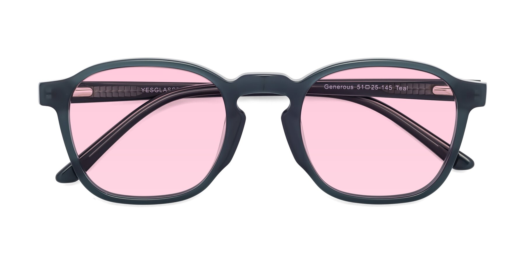 Folded Front of Generous in Teal with Light Pink Tinted Lenses