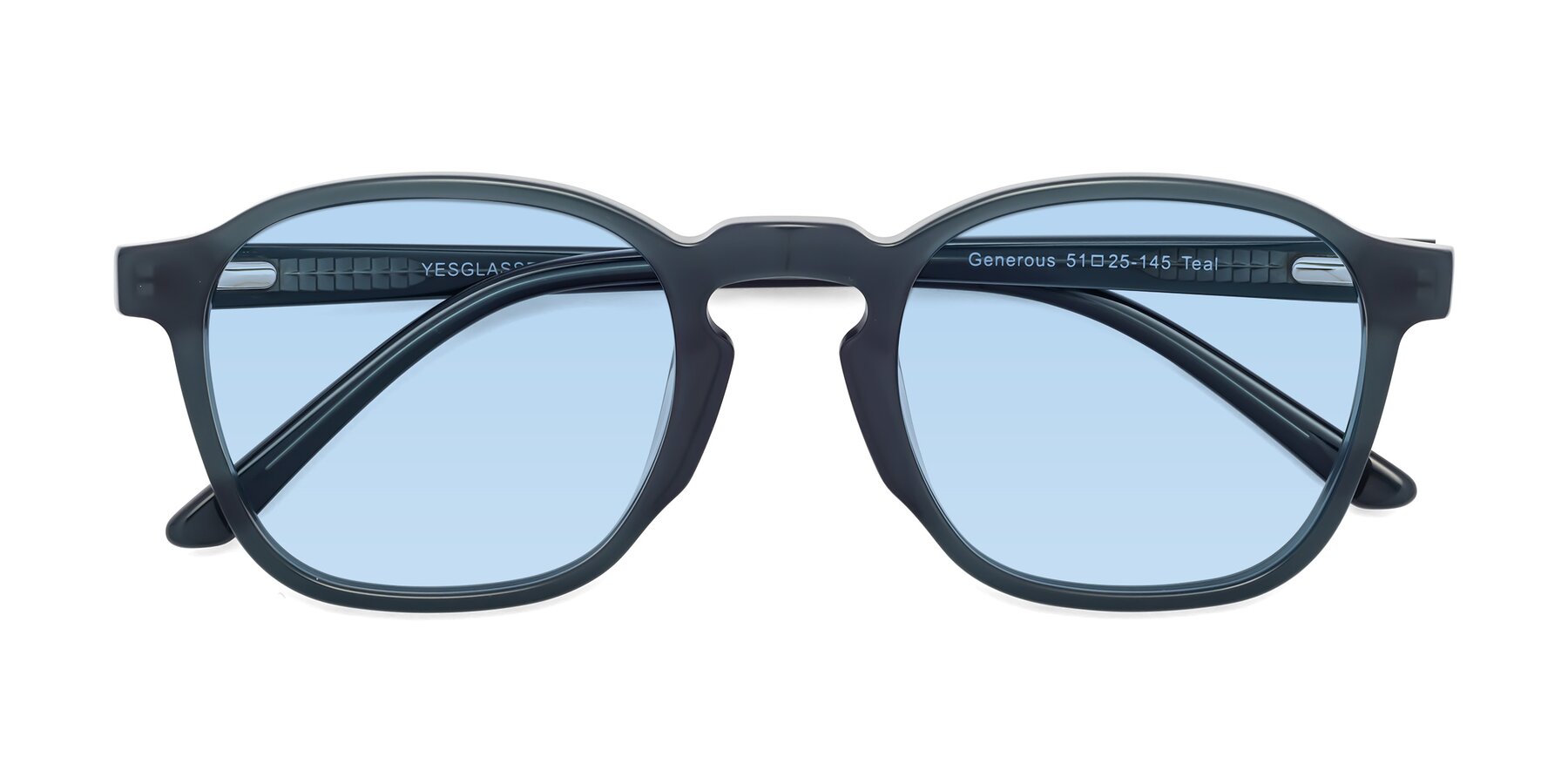 Folded Front of Generous in Teal with Light Blue Tinted Lenses