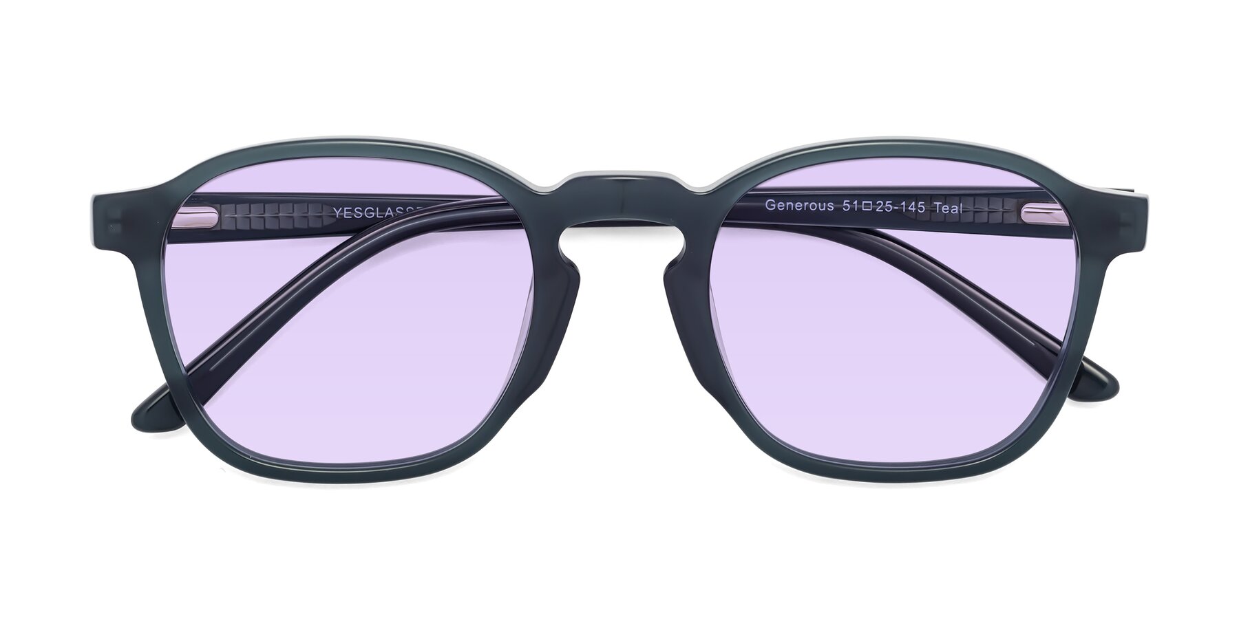 Folded Front of Generous in Teal with Light Purple Tinted Lenses