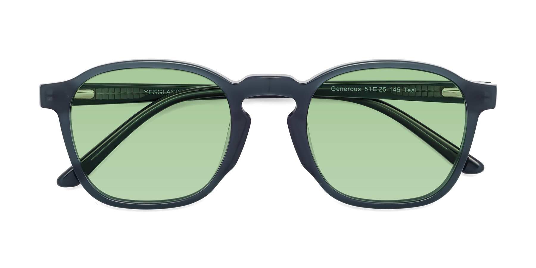 Folded Front of Generous in Teal with Medium Green Tinted Lenses