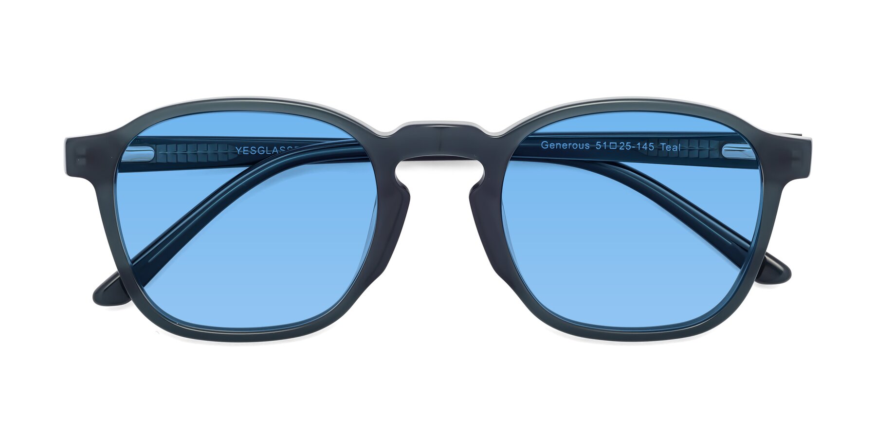 Folded Front of Generous in Teal with Medium Blue Tinted Lenses