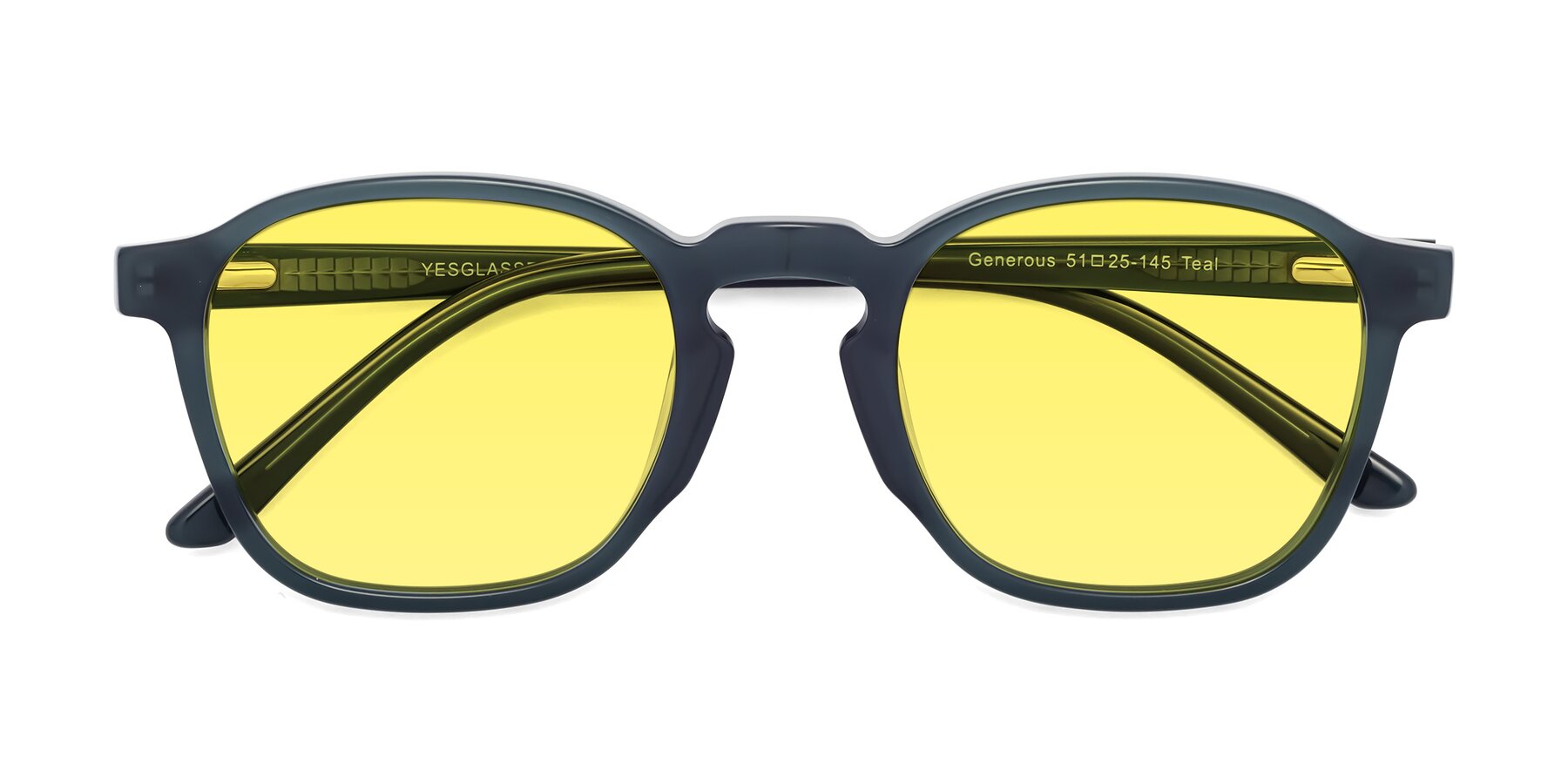 Folded Front of Generous in Teal with Medium Yellow Tinted Lenses