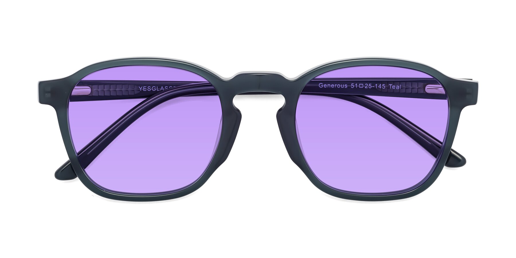 Folded Front of Generous in Teal with Medium Purple Tinted Lenses