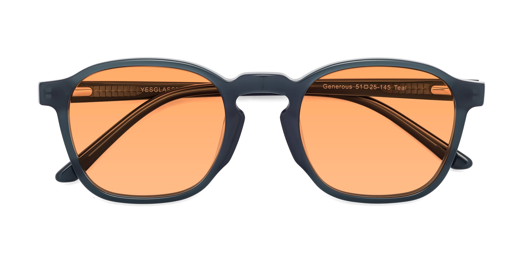 Folded Front of Generous in Teal with Medium Orange Tinted Lenses