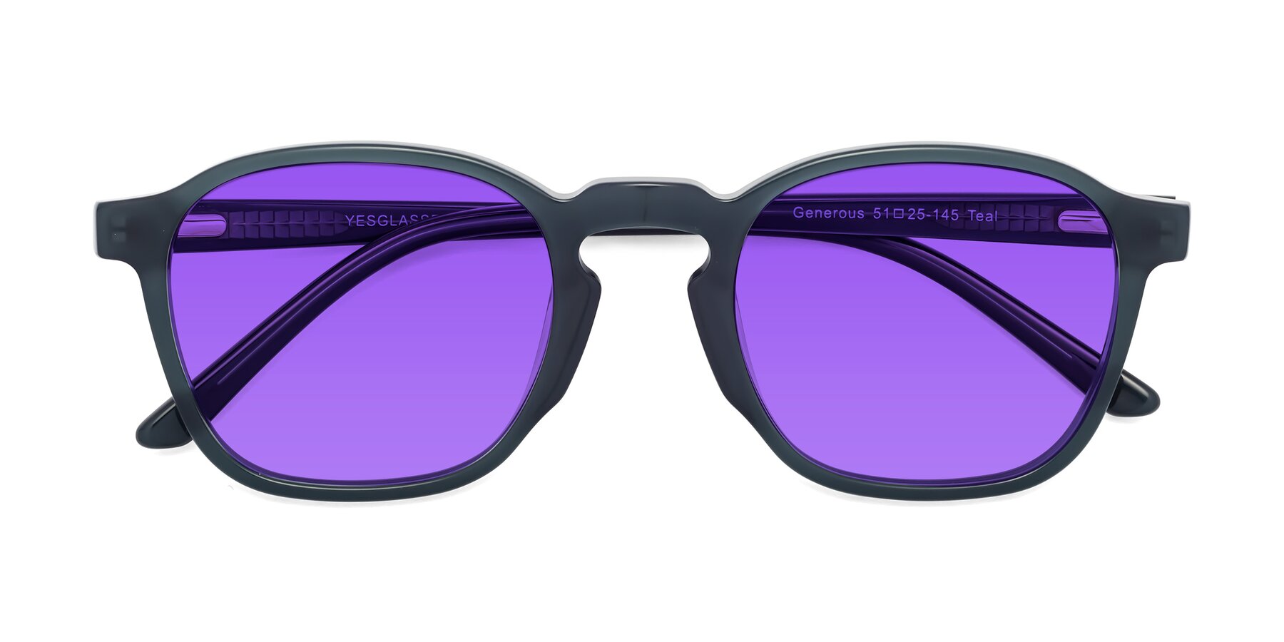 Folded Front of Generous in Teal with Purple Tinted Lenses