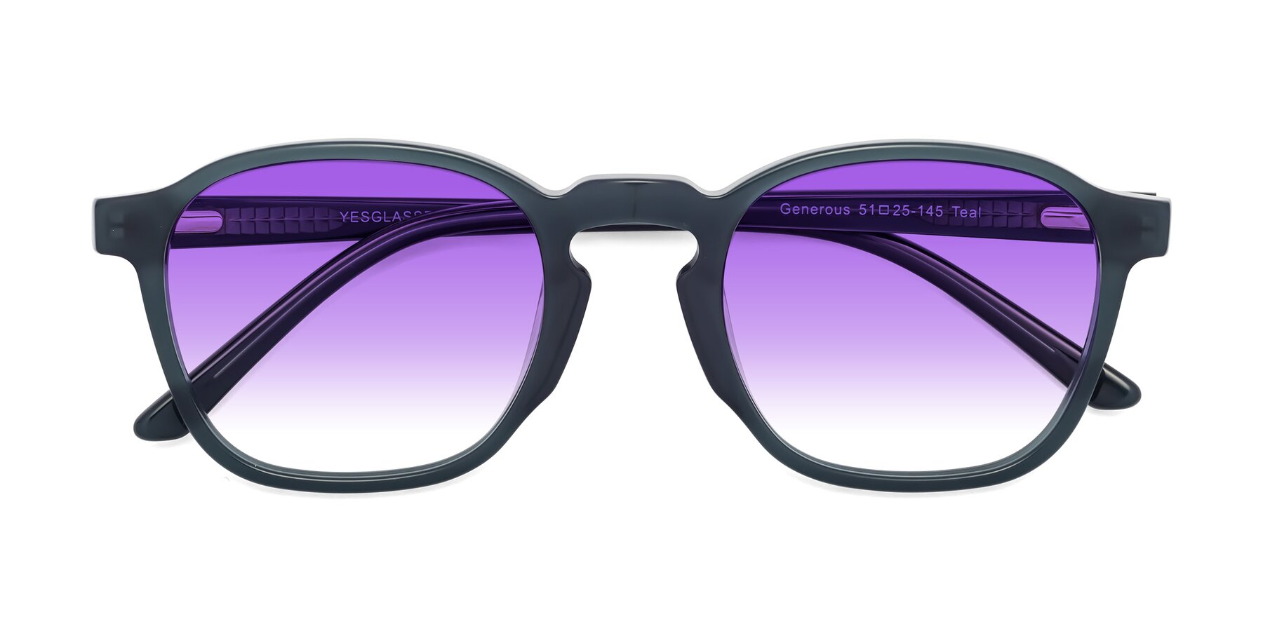 Folded Front of Generous in Teal with Purple Gradient Lenses