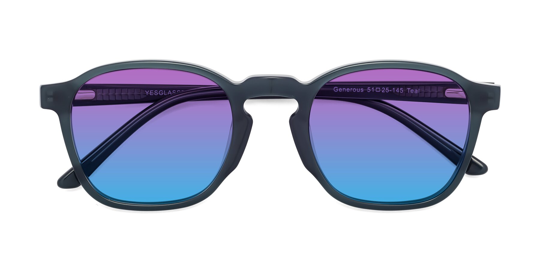 Folded Front of Generous in Teal with Purple / Blue Gradient Lenses