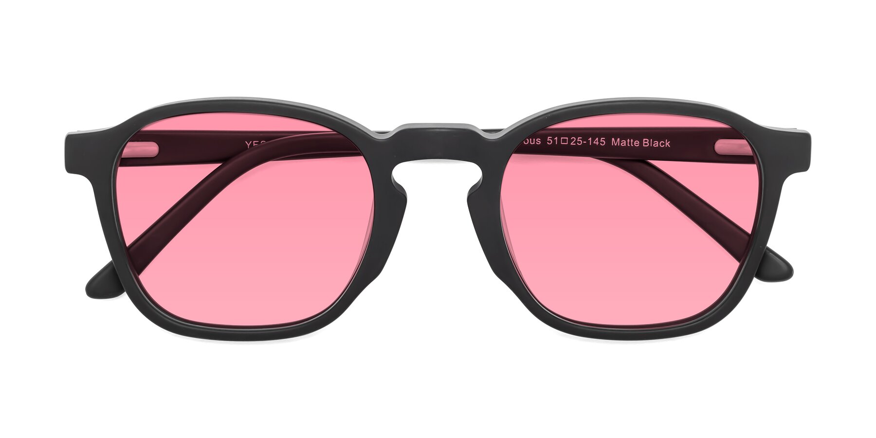 Folded Front of Generous in Matte Black with Pink Tinted Lenses