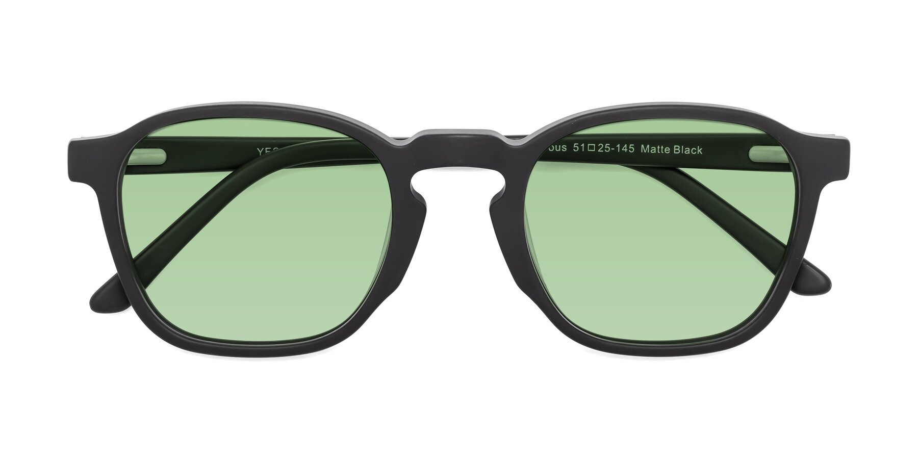 Folded Front of Generous in Matte Black with Medium Green Tinted Lenses