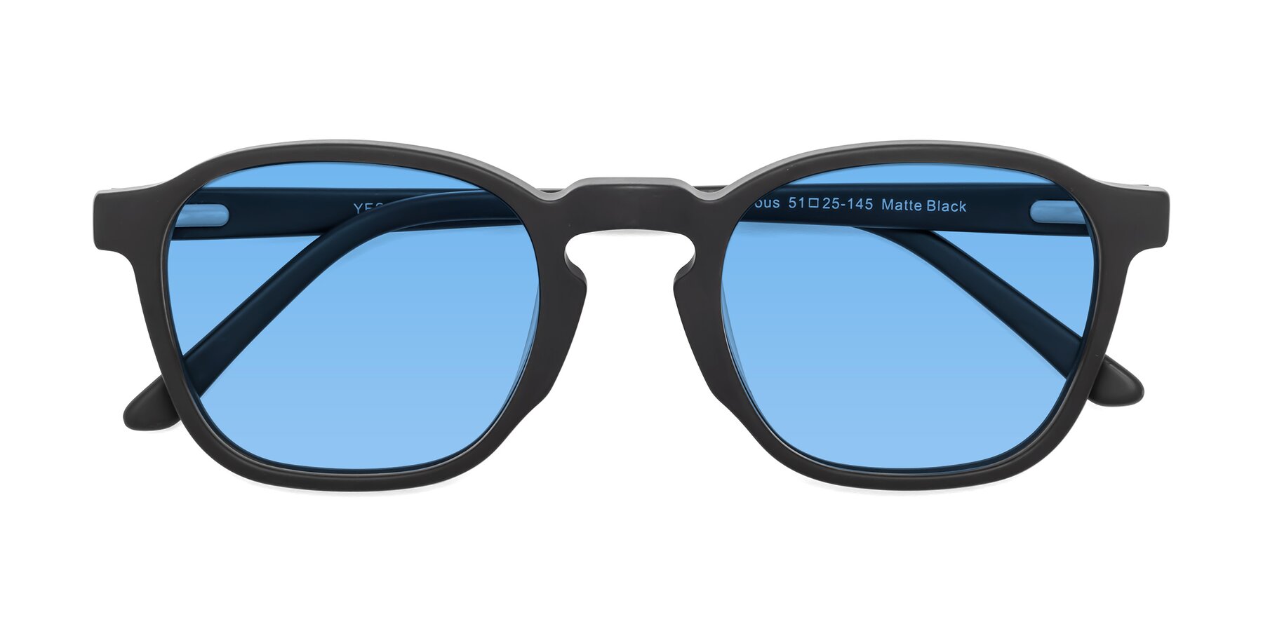 Folded Front of Generous in Matte Black with Medium Blue Tinted Lenses