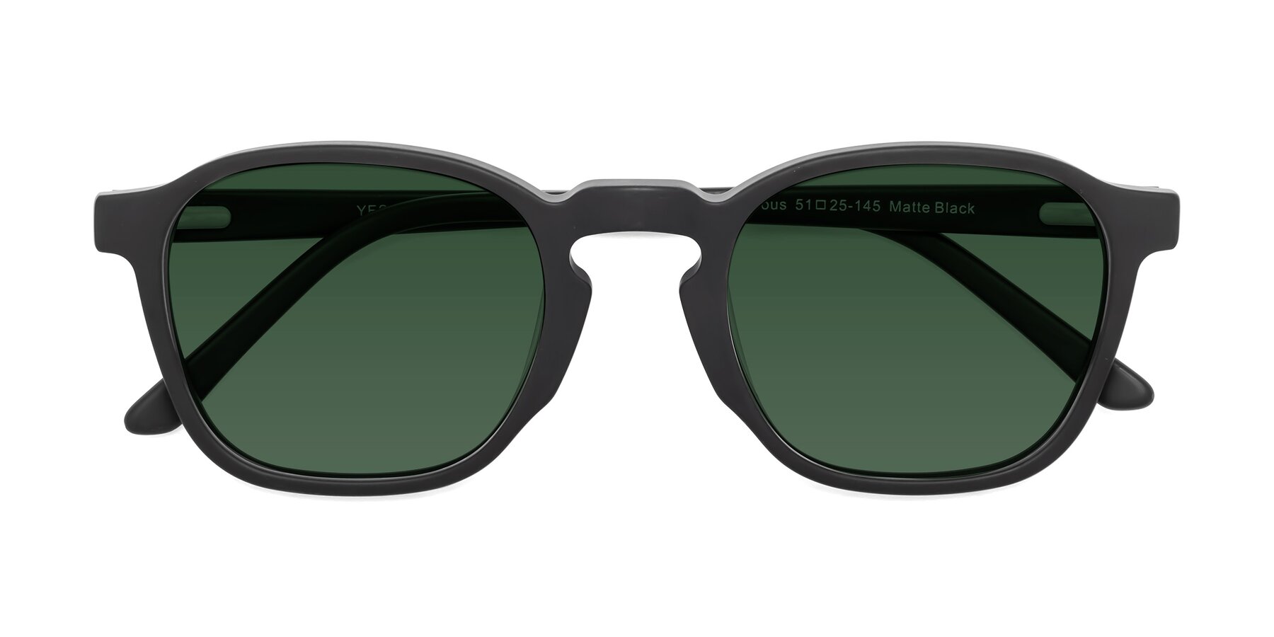 Folded Front of Generous in Matte Black with Green Tinted Lenses