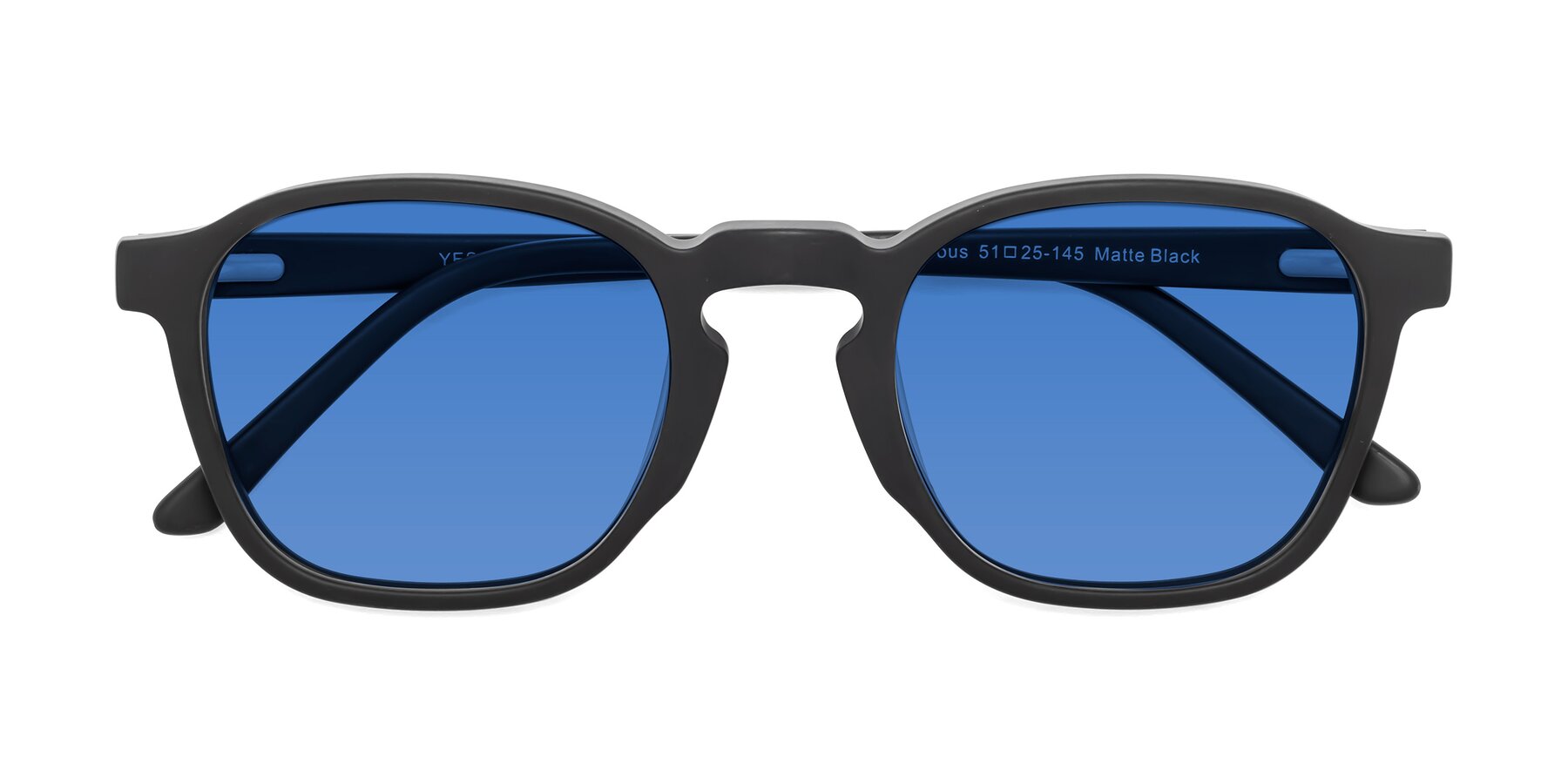 Folded Front of Generous in Matte Black with Blue Tinted Lenses