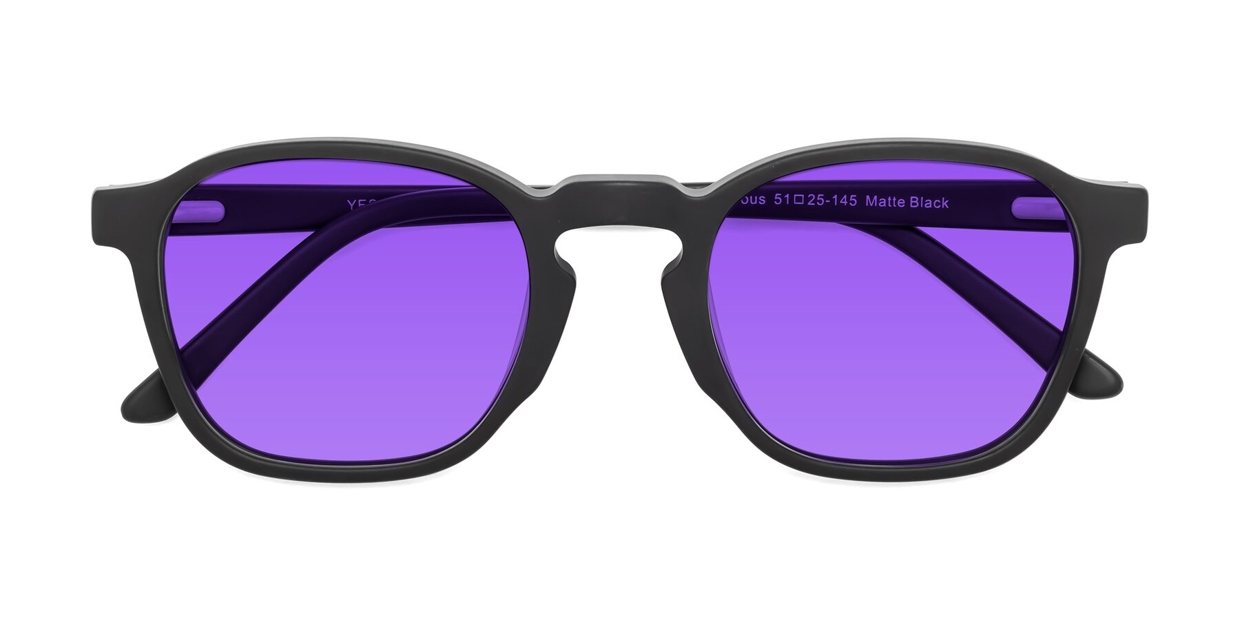 Folded Front of Generous in Matte Black with Purple Tinted Lenses