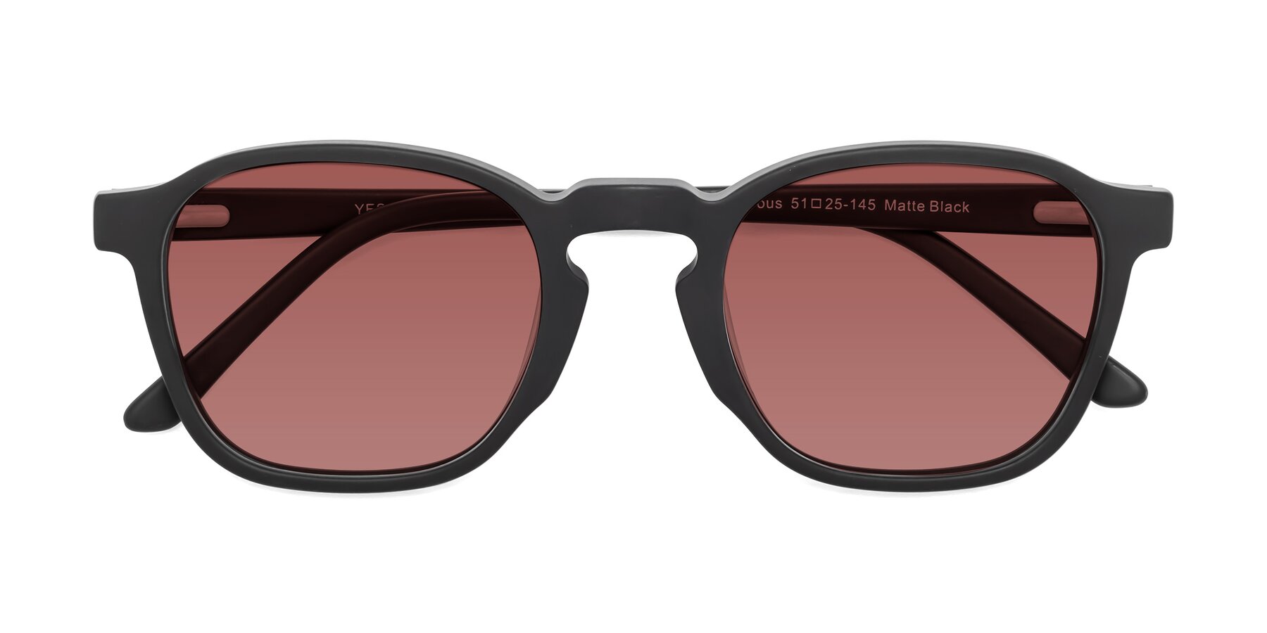 Folded Front of Generous in Matte Black with Garnet Tinted Lenses