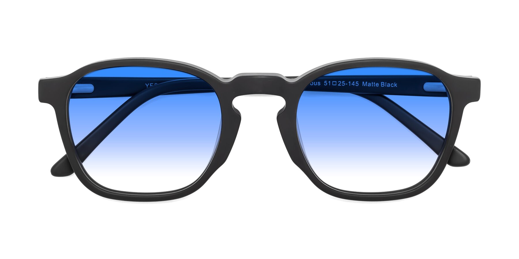 Folded Front of Generous in Matte Black with Blue Gradient Lenses