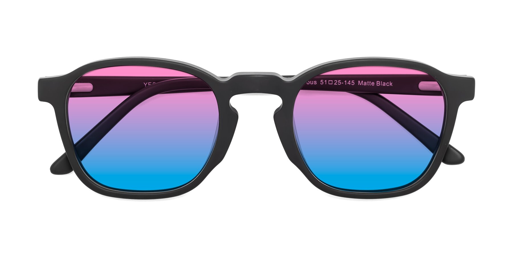 Folded Front of Generous in Matte Black with Pink / Blue Gradient Lenses