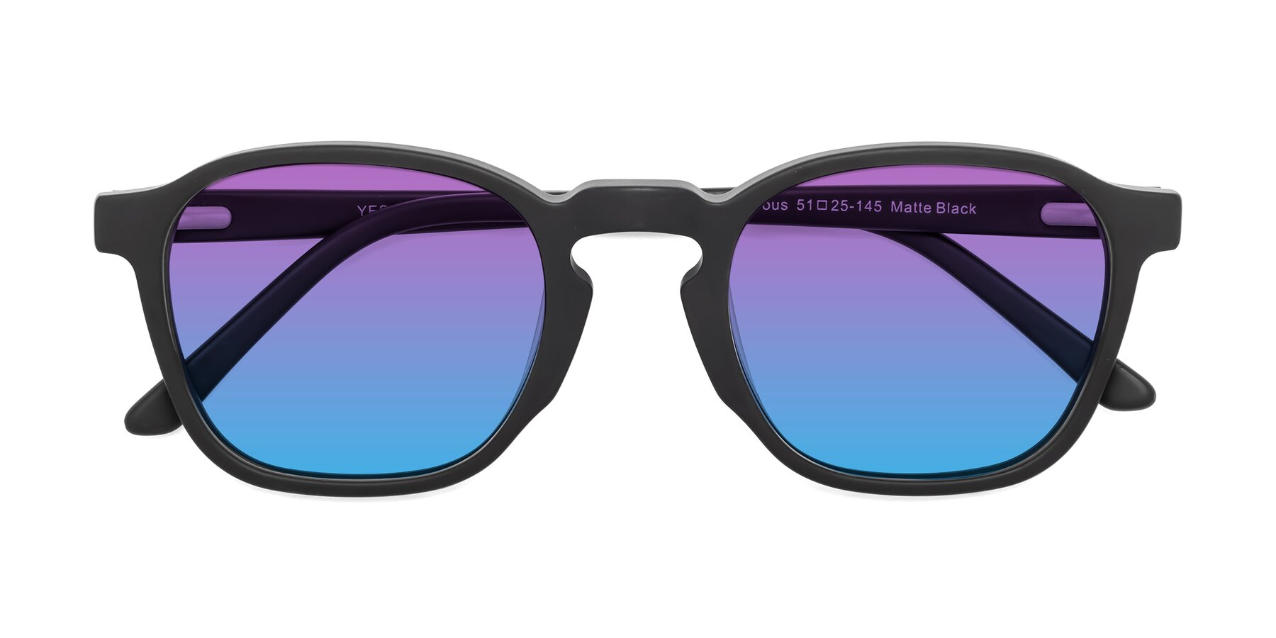Folded Front of Generous in Matte Black with Purple / Blue Gradient Lenses