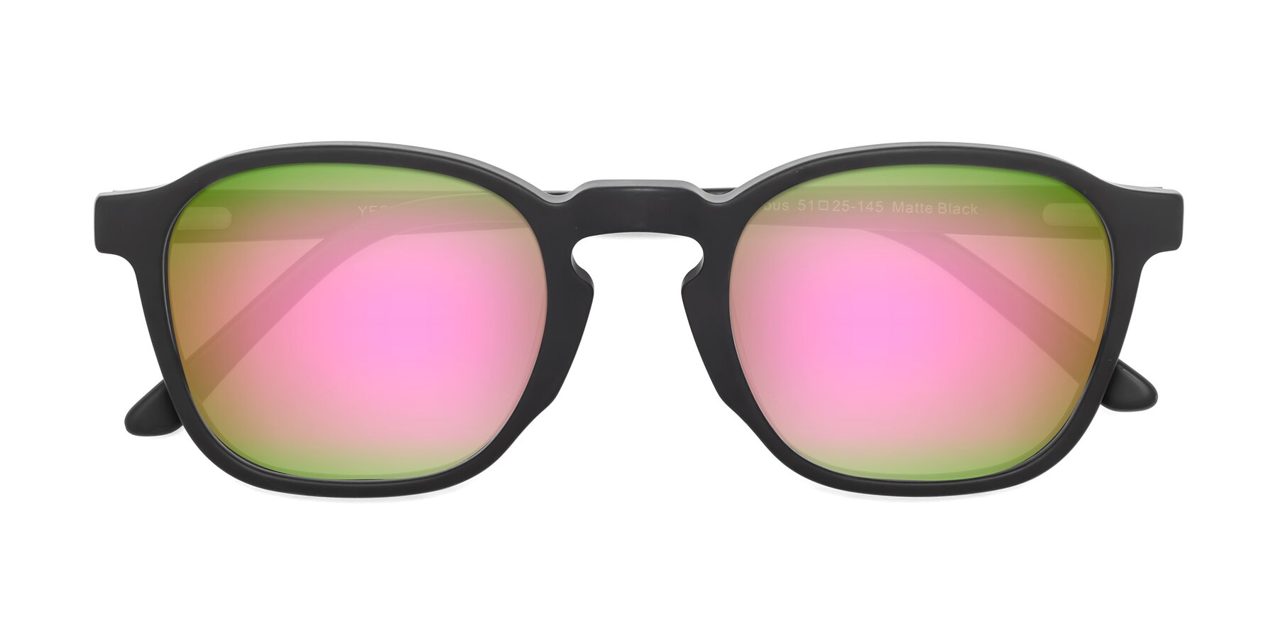 Folded Front of Generous in Matte Black with Pink Mirrored Lenses