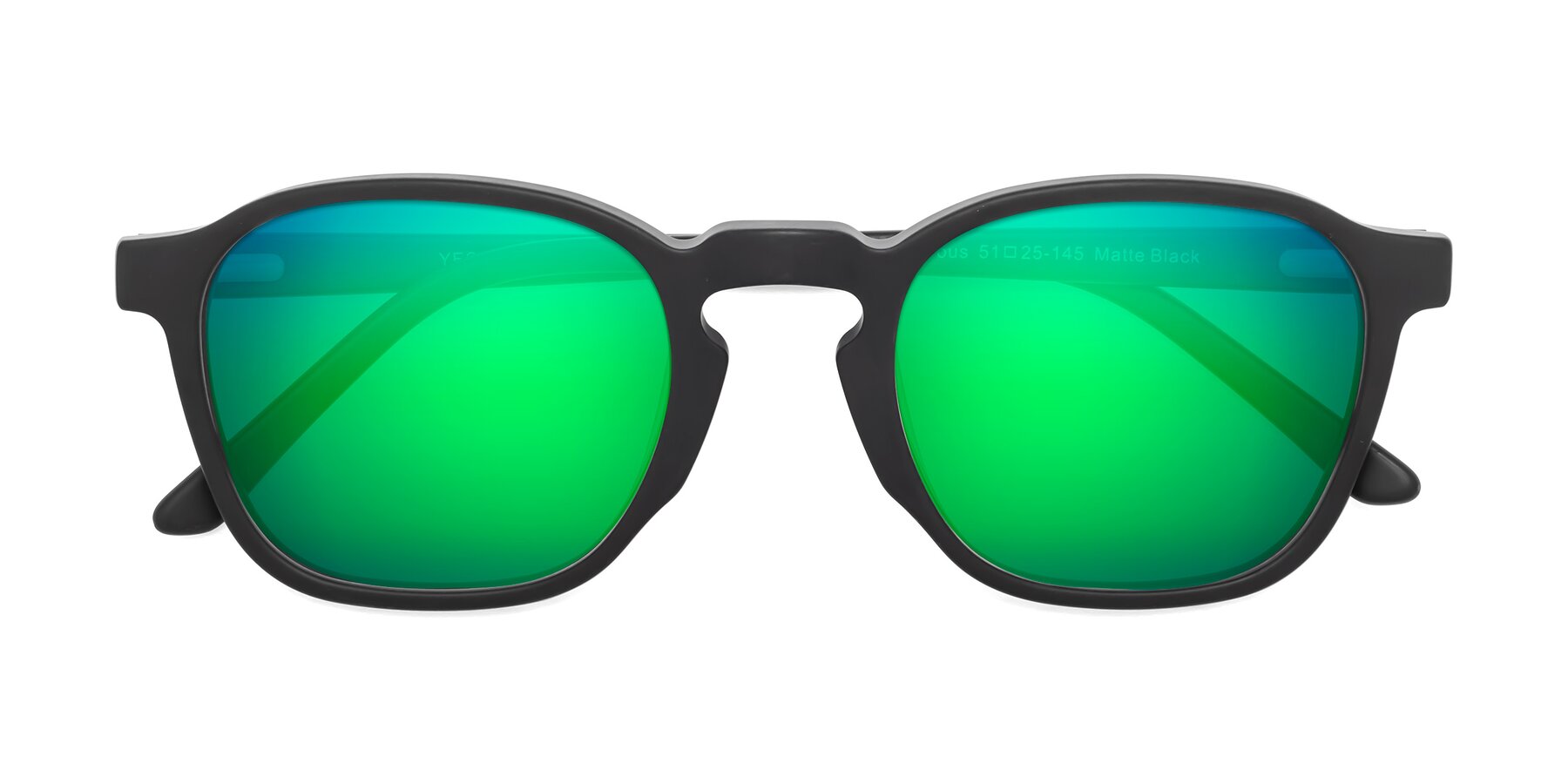 Folded Front of Generous in Matte Black with Green Mirrored Lenses